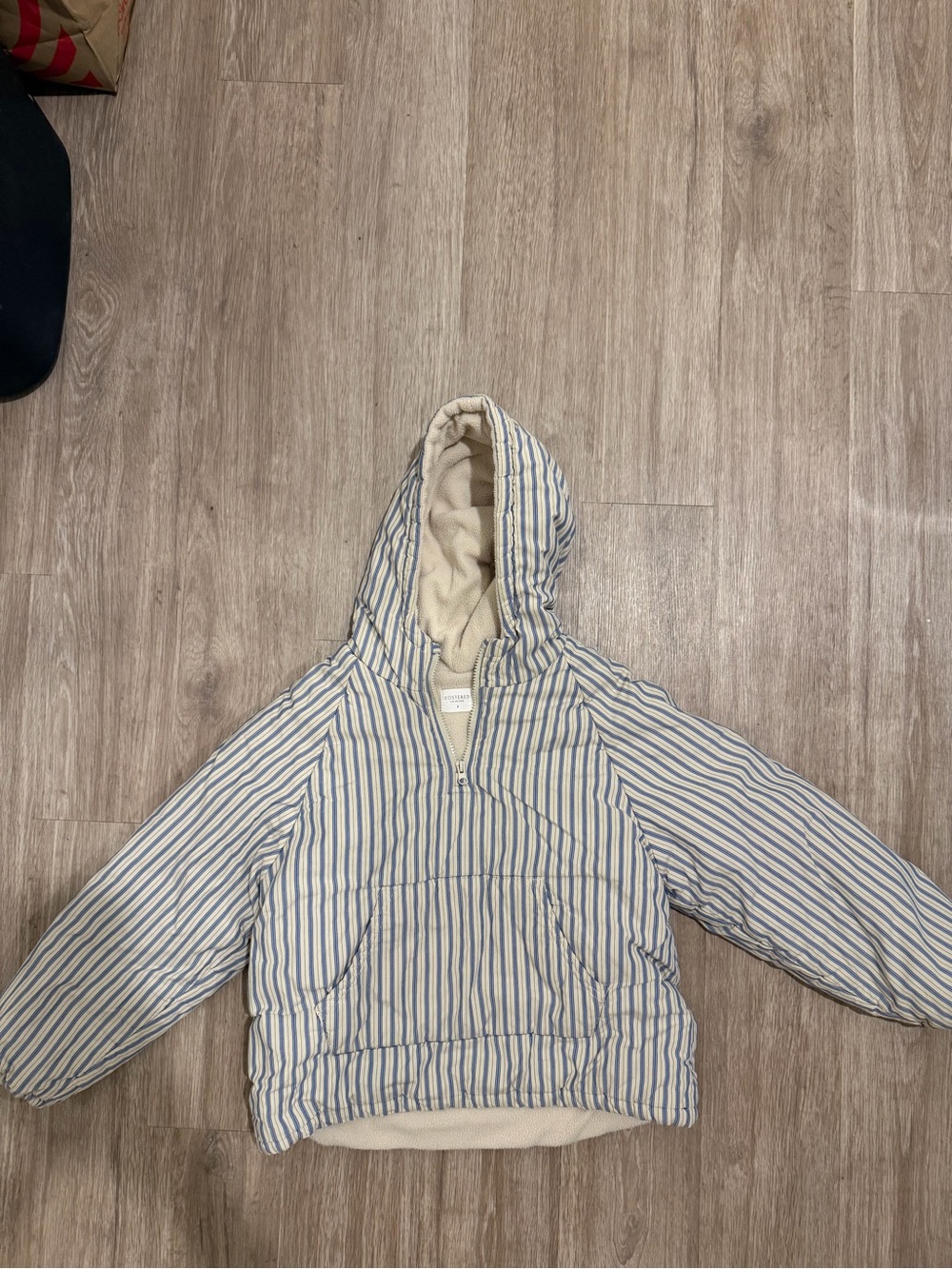 Fostered Collection Hooded Quilted Jacket in Cream with Blue Stripes size 8